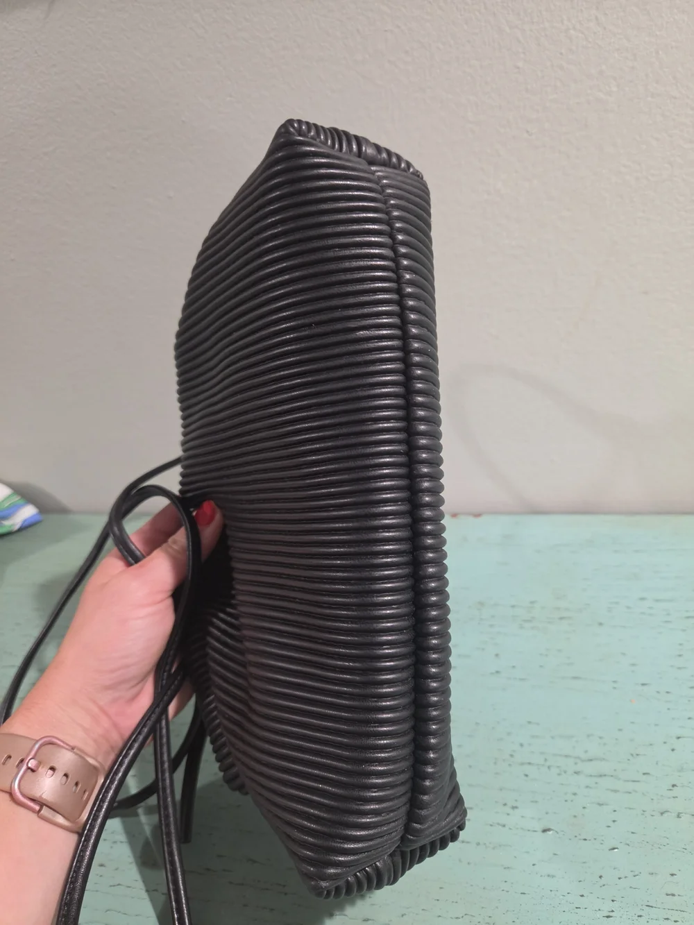 KingTo Black Ribbed Vegan Leather Cloud Crossbody Bag